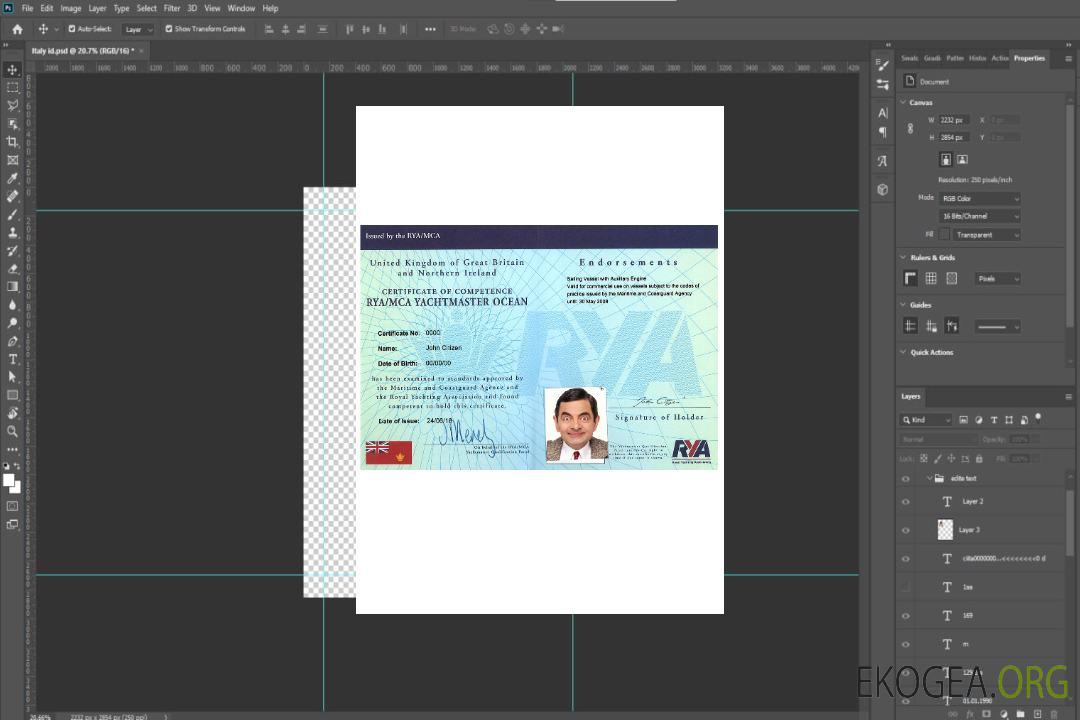 Royaume-Uni RYA Yachtmaster Certificats de compétence Échantillon PSD template